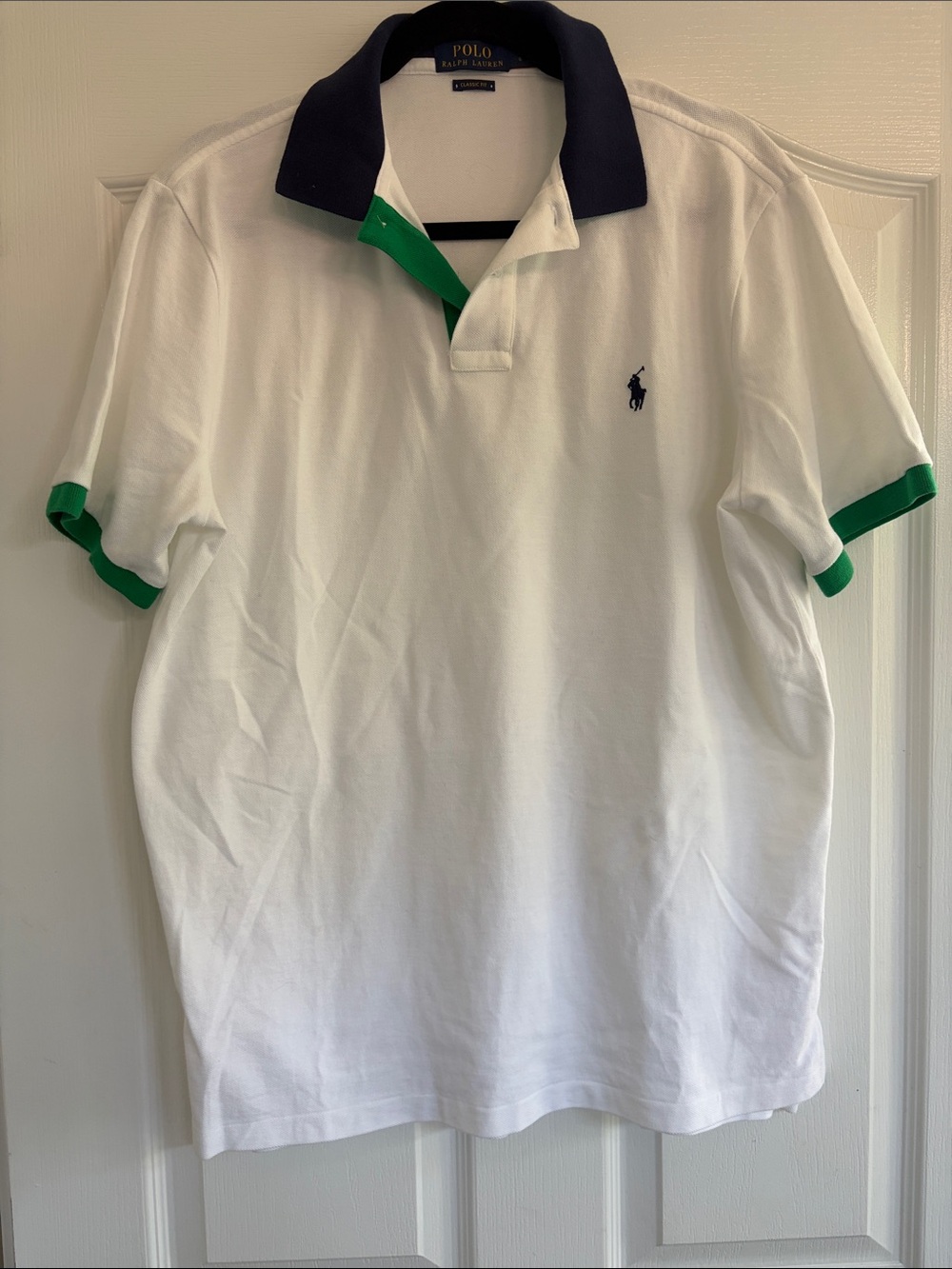 Polo by Ralph Lauren White Polo with Navy Collar and Green Trim